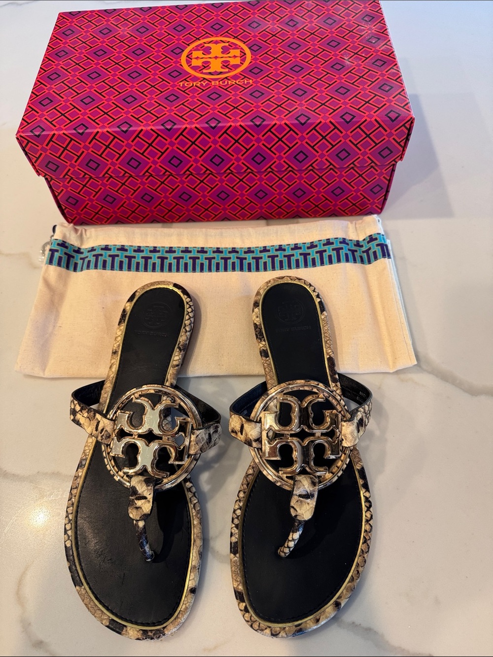 Tory Burch Black and Beige Miller Logo Thong Sandals